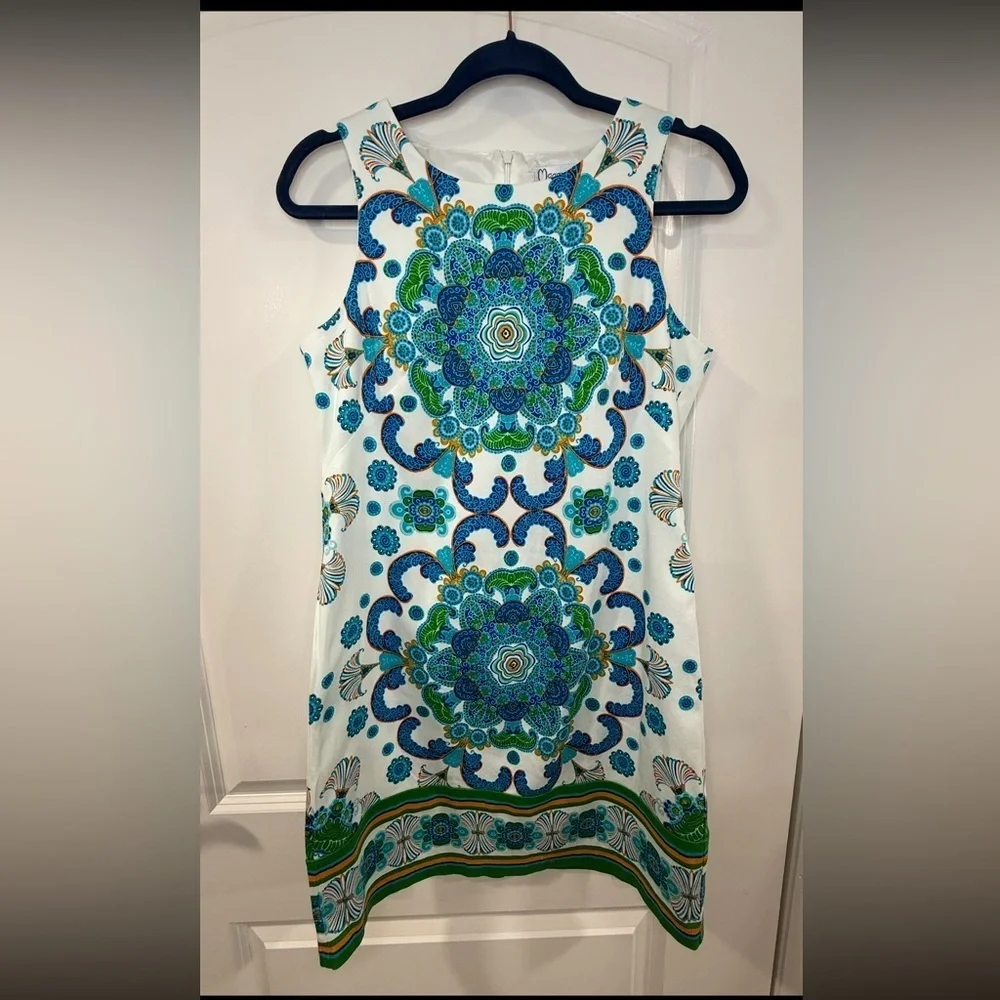 Maggy L Blue Green Paisley Print Shift Dress Size 8 | Bold Retro Boho Mod Look - Picture 4 of 9